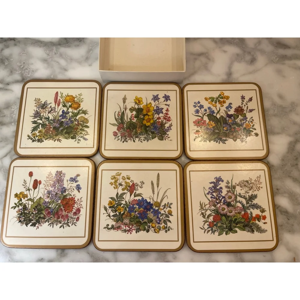 Vintage Pimpernel Acrylic Floral Coasters Set of 6 Made in England 4” Square